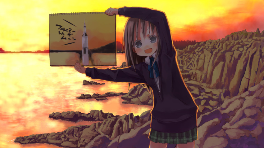 brown_eyes, brown_hair, cemissile, drawing, ga_geijutsuka_art_design_class, highres, icemissile, leaning, lighthouse, long_hair, open_mouth, rocket, school_uniform, smile, sunset, sweater, translated