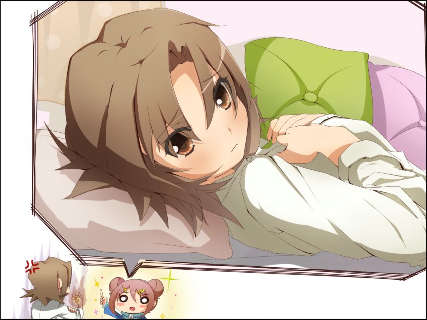 angry, bed, blush, brown_eyes, brown_hair, flower, ga_geijutsuka_art_design_class, looking_at_viewer