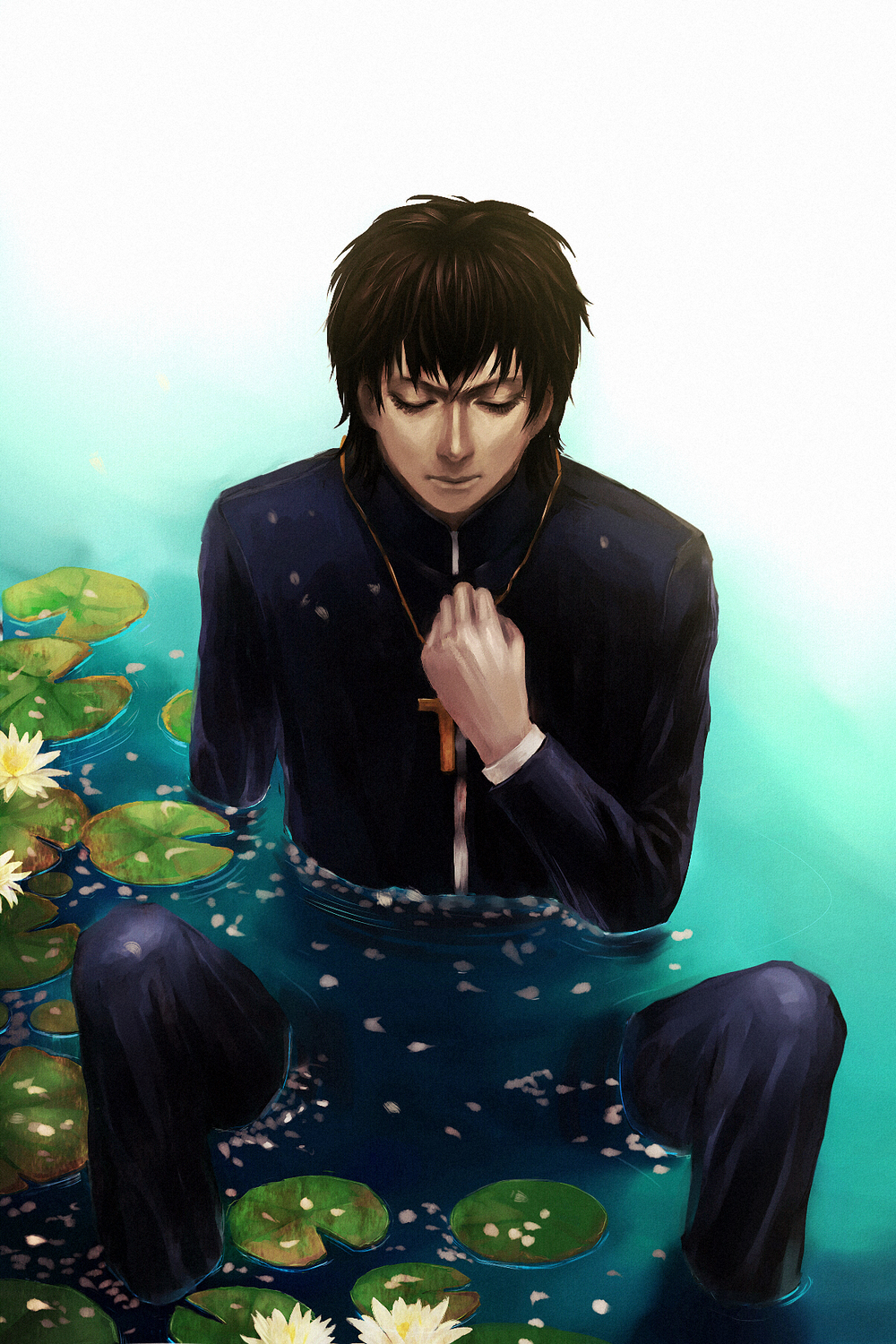brown_hair, closed_eyes, cross, cross_necklace, eyes_closed, fate/zero, fate_(series), flower