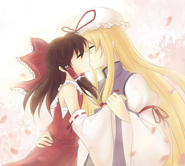 blonde_hair, brown_hair, closed_eyes, eyes_closed, hakurei_reimu, hand_holding, hat, holding_hands