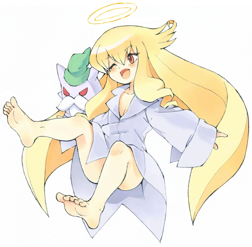 arcana_heart, arcana_heart_2, barefoot, blonde_hair, bottomless, dress_shirt, feet, halo