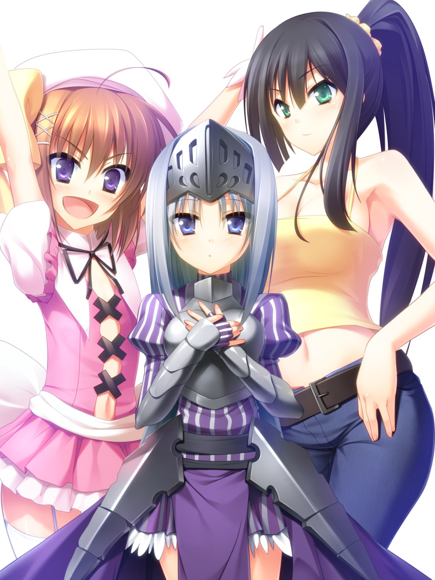 :d, ahoge, armor, armored_dress, belt, black_hair, blue_eyes, brown_hair