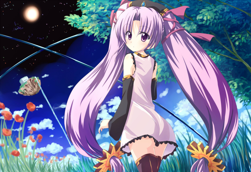 black_legwear, dress, eiyuu_densetsu, falcom, flower, francis_(ohne), from_behind, hair_ribbon, long_hair, long_hair_tied_low, looking_back, low-tied_long_hair, moon, nayuta_no_kiseki, night, night_sky, noi_(nayuta_no_kiseki), purple_eyes, purple_hair, ribbon, sky, thigh-highs, thighhighs, tree, twintails, very_long_hair, violet_eyes, zettai_ryouiki
