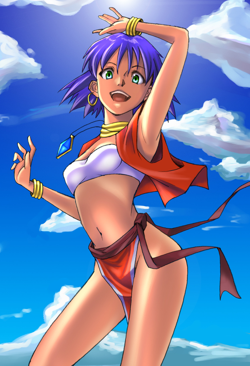 arms_up, bandeau, bob_cut, bracelet, cloud, clouds, dark_skin, earrings