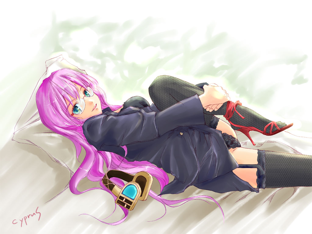 black_panties, breasts, cyprus, garter_belt, glasses, headphones, hugging_leg, leg_hug