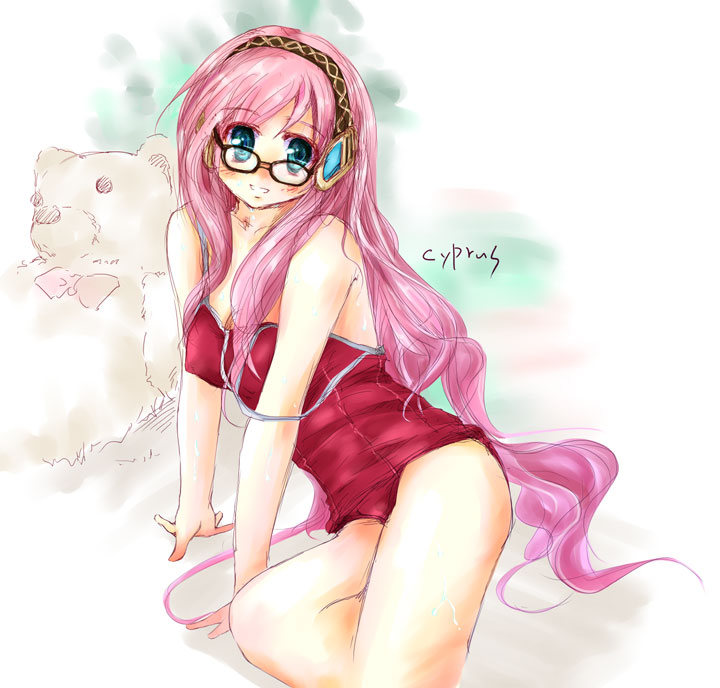 blush, breasts, cyprus, glasses, long_hair, looking_at_viewer, megurine_luka, pink_hair, red_school_swimsuit, school_swimsuit, smile, solo, strap_slip, stuffed_animal, stuffed_toy, swimsuit, teddy_bear, very_long_hair, vocaloid