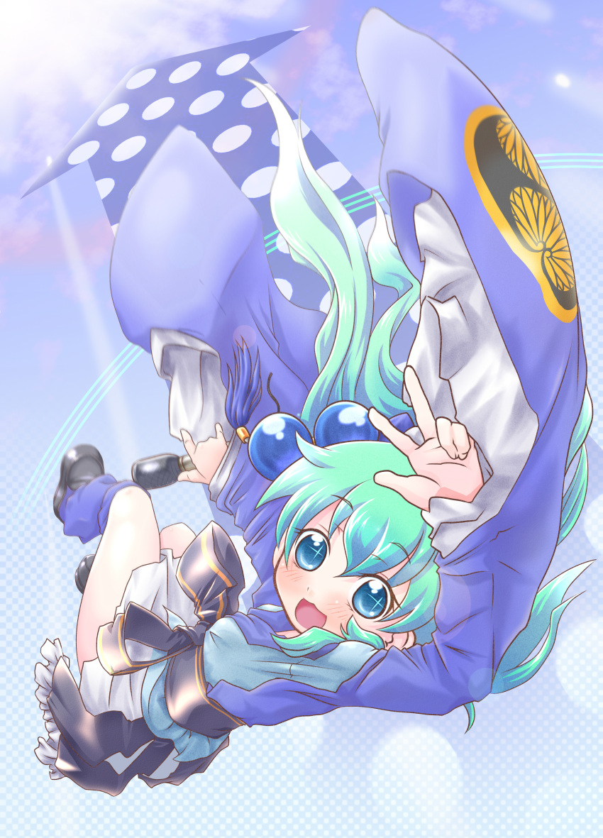 1girl, :d, absurdres, aqua_hair, blue_eyes, directional_arrow, hair_ornament, highres