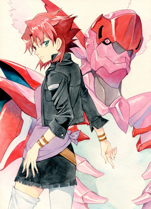 bracelet, chiaia_furan, green_eyes, isekai_no_seikishi_monogatari, jacket, jewelry, mecha, open_clothes