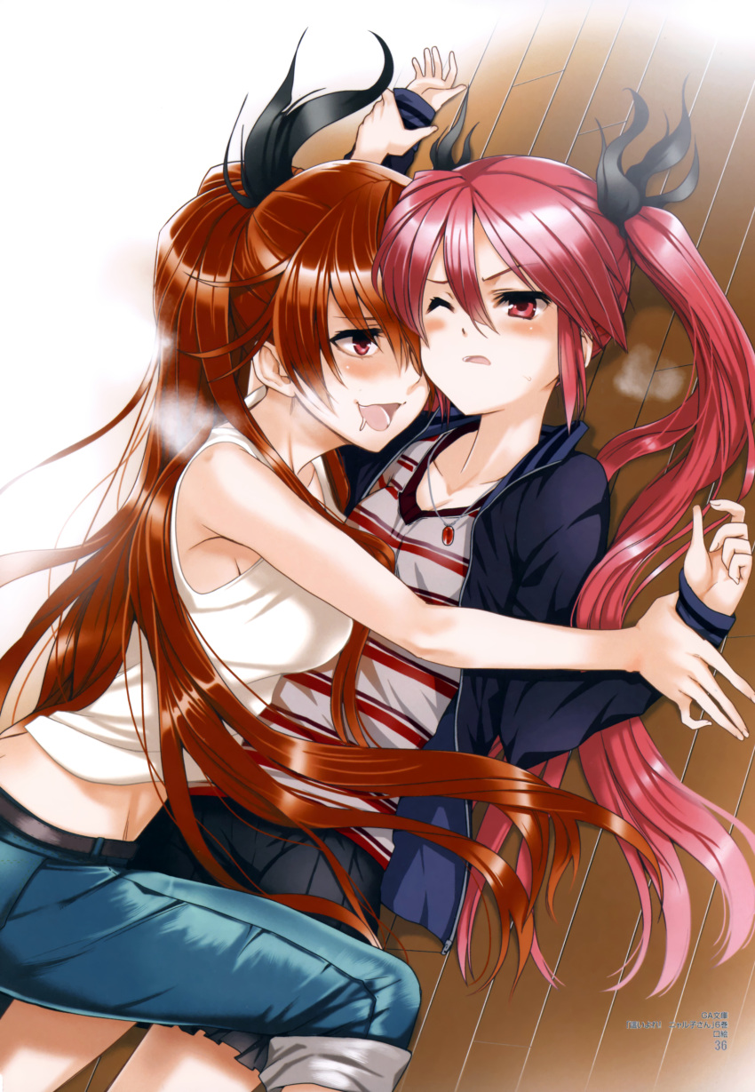 :d, absurdres, character_request, cthugha_(nyaruko-san), cuune_(nyaruko-san), d;, denim, drooling, dutch_angle, girl_on_top, haiyore!_nyaruko-san, heavy_breathing, highres, jacket, jeans, jewelry, koin, koin_(foxmark), long_hair, multiple_girls, open_mouth, pendant, pleated_skirt, red_eyes, red_hair, redhead, restrained, saliva, skirt, smile, tank_top, twintails, wince, wink, wrist_grab, yuri