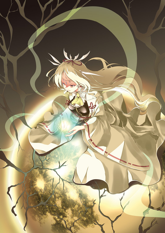 1girl, ascot, blonde_hair, breasts, dress, energy_ball, full_moon, hair_ornament