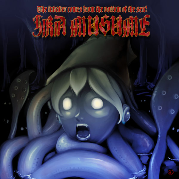 album_cover, cover, fangs, glowing, glowing_eyes, hat, horror, ikamusume, metal, no_pupils, open_mouth, parody, sakichi_funaya, shinryaku!_ikamusume, solo, tentacle, tentacles