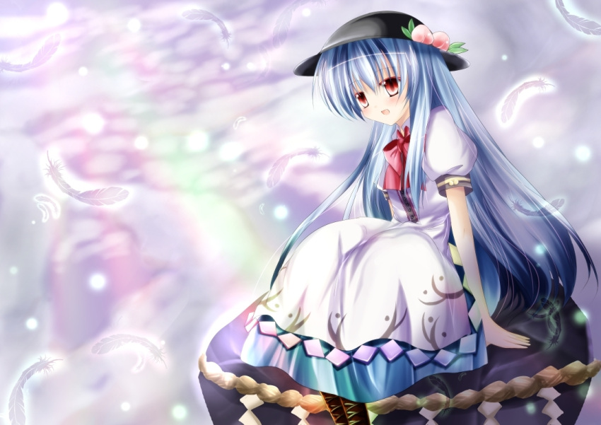 apron, bad_id, blue_hair, boots, bow, cloud, clouds, feathers