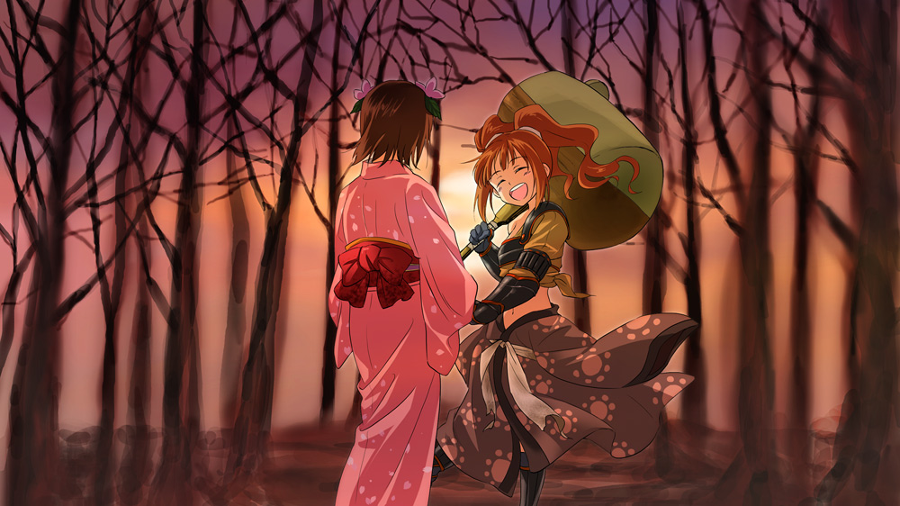 :d, agahari, alternate_costume, amami_haruka, blush, brown_hair, gaunlets, gauntlets, idolmaster, japanese_clothes, kimono, long_hair, mallet, midriff, multiple_girls, open_mouth, short_hair, smile, sun, takatsuki_yayoi, tree, twintails