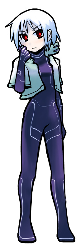 bodysuit, bolero, cenes_crawford, cropped_jacket, kou1, red_eyes, red_pupils, short_hair