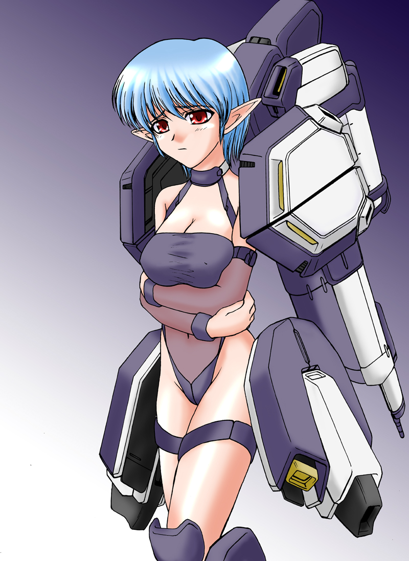 bare_shoulders, blue_hair, breasts, choker, cleavage, detached_sleeves, embarrassed, guardian_(thunder_force), large_breasts, mecha_musume, mochizuki_kazuto, navel, personification, pointy_ears, red_eyes, see-through, short_hair, solo, thigh_strap, thunder_force, thunder_force_v
