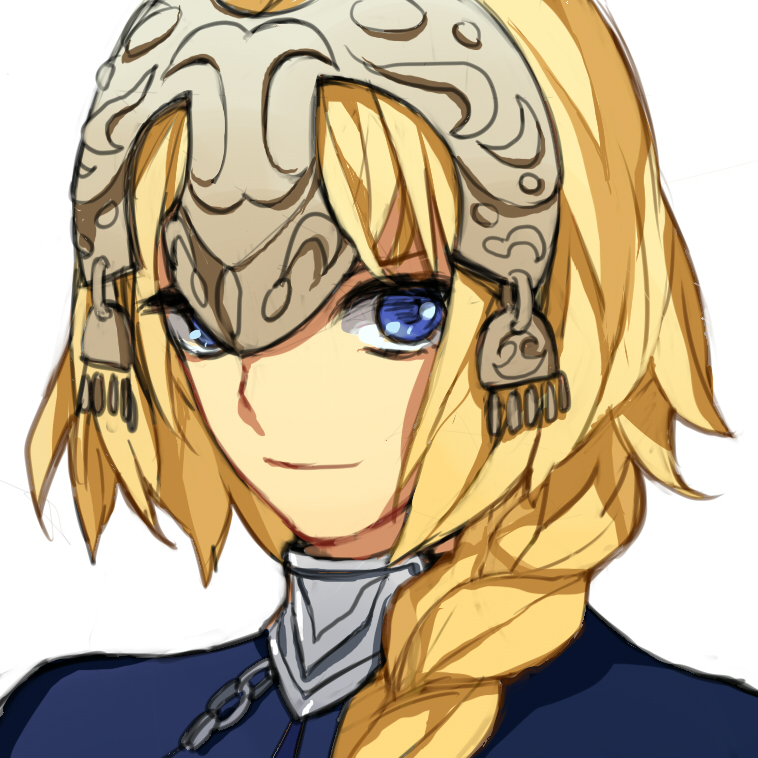 armor, armored_dress, blonde_hair, blue_eyes, braid, capelet, fate/apocrypha, fate/zero, fate_(series), headpiece, jeanne_d'arc_(fate/apocrypha), karaage_(sweet), long_hair, portrait, purple_eyes, ruler_(fate/apocrypha), single_braid, smile, solo, violet_eyes