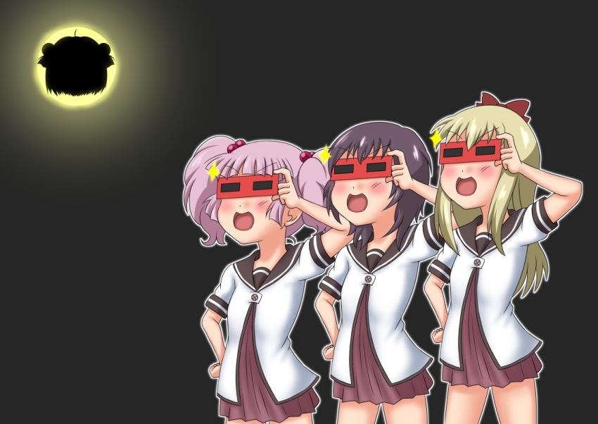 :d, ahoge, akaza_akari, anison, black_hair, blonde_hair, bow, double_bun, eclipse, funami_yui, glasses, hair_bobbles, hair_bow, hair_bun, hair_ornament, hand_on_hip, hips, multiple_girls, open_mouth, pink_hair, school_uniform, serafuku, smile, solar_eclipse, sun, toshinou_kyouko, twintails, yoshikawa_chinatsu, yuru_yuri