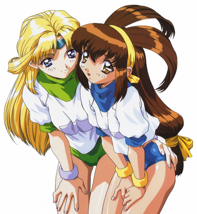 90s, battle_athletes, blonde_hair, blue_eyes, brown_eyes, brown_hair, buruma, gym_uniform