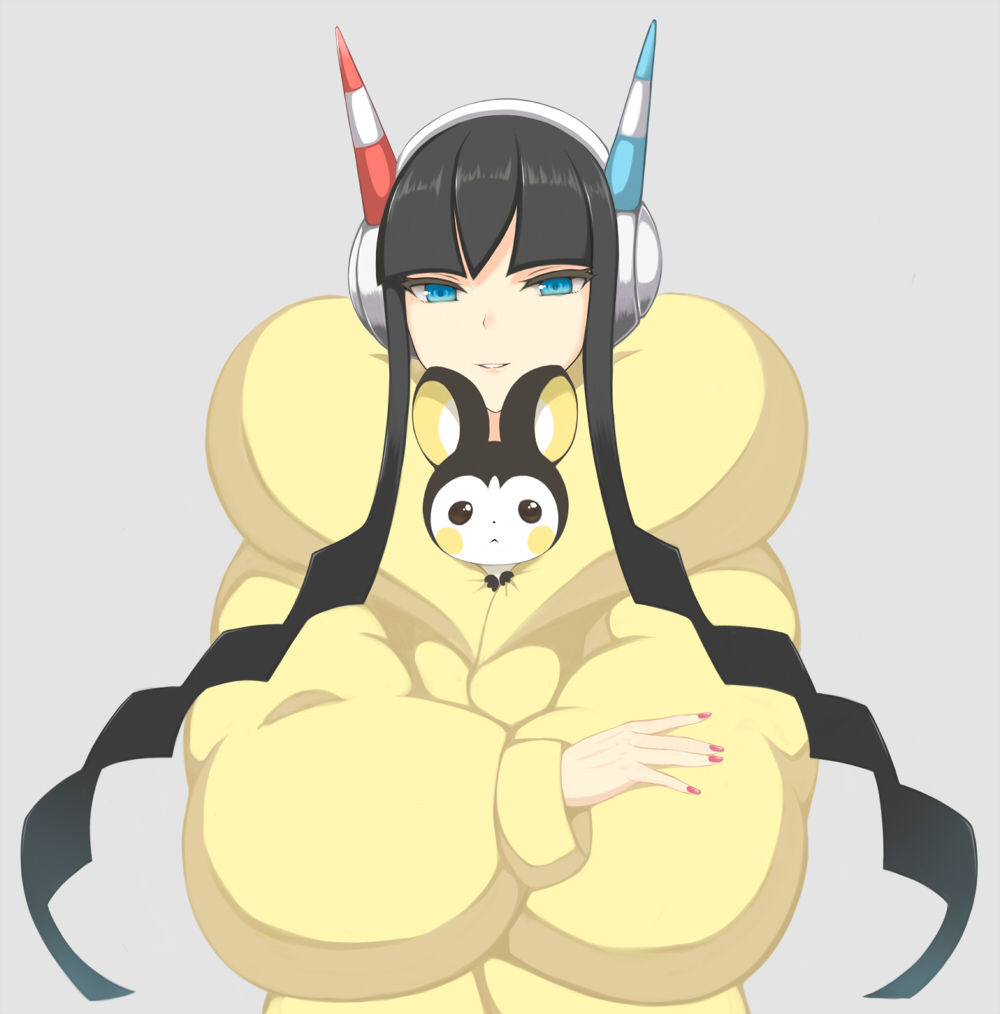 alternate_hair_color, black_hair, blue_eyes, chikage36, emolga, fur_coat, headphones, kamitsure_(pokemon), long_hair, nail_polish, pokemon, pokemon_(game), pokemon_bw2