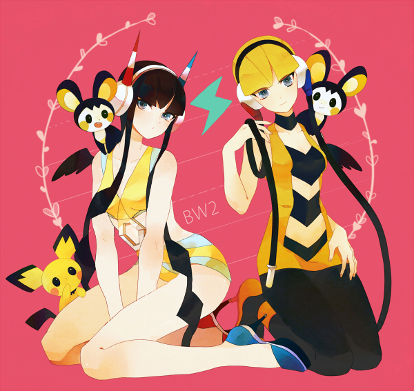 2girls, black_hair, blonde_hair, blue_eyes, dual_persona, emolga, fur_coat, gym_leader, headphones, kamitsure_(pokemon), long_hair, mismatched_footwear, multiple_girls, natsuiro_xx, pantyhose, pichu, pokemon, pokemon_(creature), pokemon_(game), pokemon_bw, pokemon_bw2, short_hair, time_paradox, title_drop