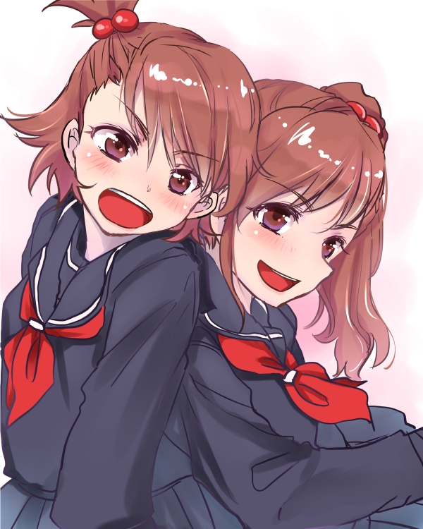 :d, brown_eyes, brown_hair, efyuru, futami_ami, futami_mami, hair_bobbles, hair_ornament