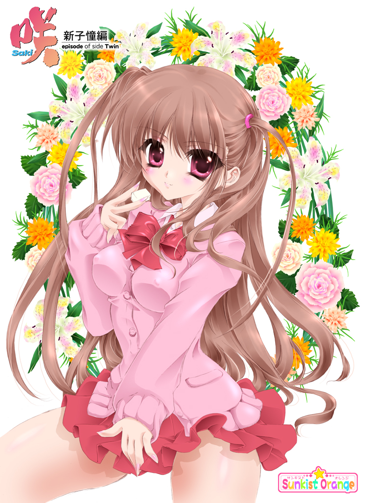 atarashi_ako, blush, brown_hair, cardigan, flower, long_hair, mahjong, mahjong_tile