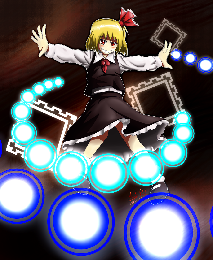 ascot, blonde_hair, bow, danmaku, hair_bow, hair_ribbon, red_eyes, ribbon