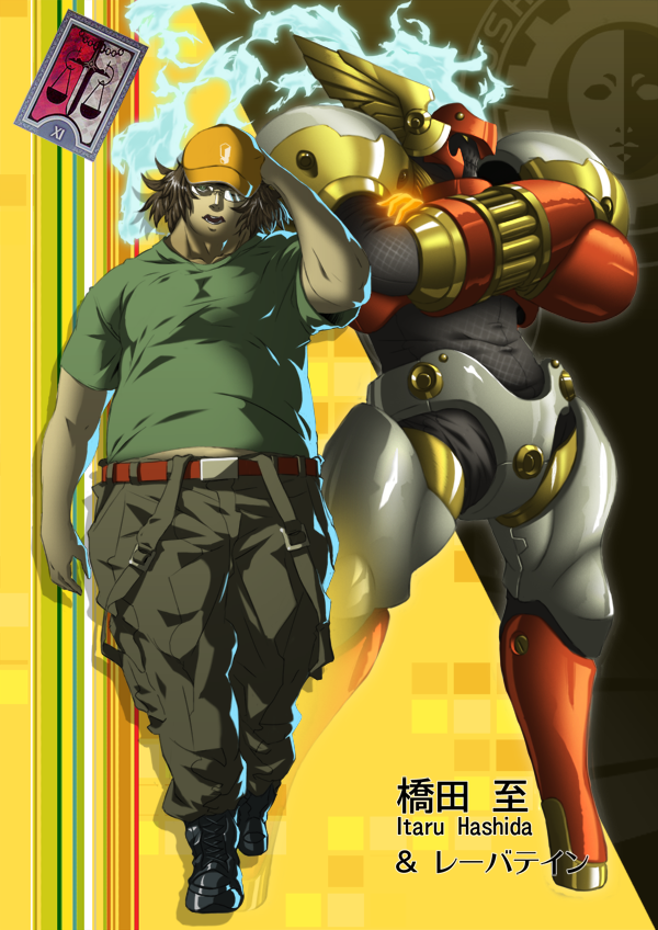 banjoo, baseball_cap, blue_eyes, brown_hair, character_name, crossed_arms, fat, fat_man