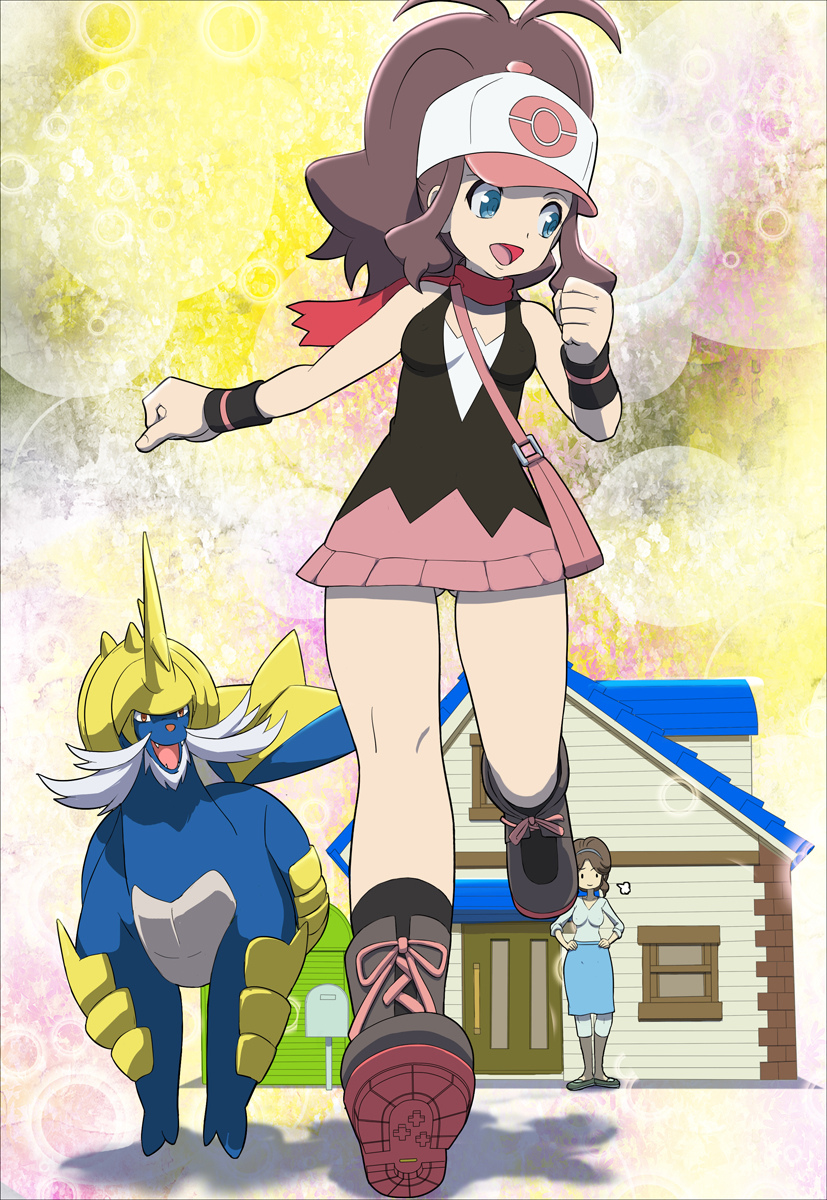 2girls, bag, baseball_cap, bee-j1, blue_eyes, boots, breasts, brown_hair