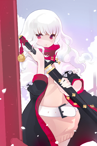 artist_request, belt, cape, capelet, gs_agent, holding, leaning, lowres, open_mouth, outdoors, red_eyes, scarf, snow, snowing, sword, sword_girls, wavy_hair, weapon, white_hair