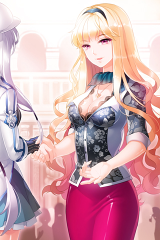 blonde_hair, breasts, cleavage, eisenwane, gloves, grey_hair, hairband, hat