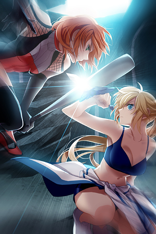 ahoge, artist_request, bare_shoulders, baseball_bat, battle, black_legwear, blocking, blonde_hair