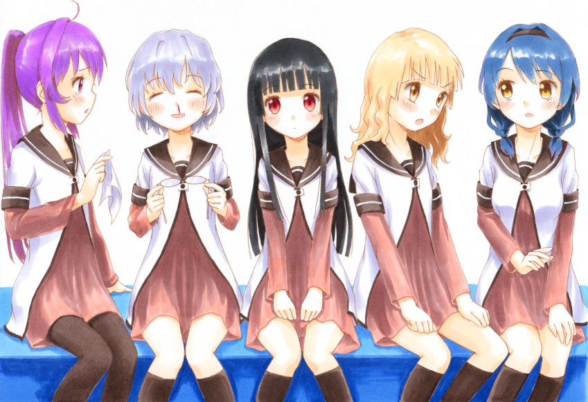 ^_^, ahoge, black_hair, black_legwear, blonde_hair, blood, blue_hair, braid