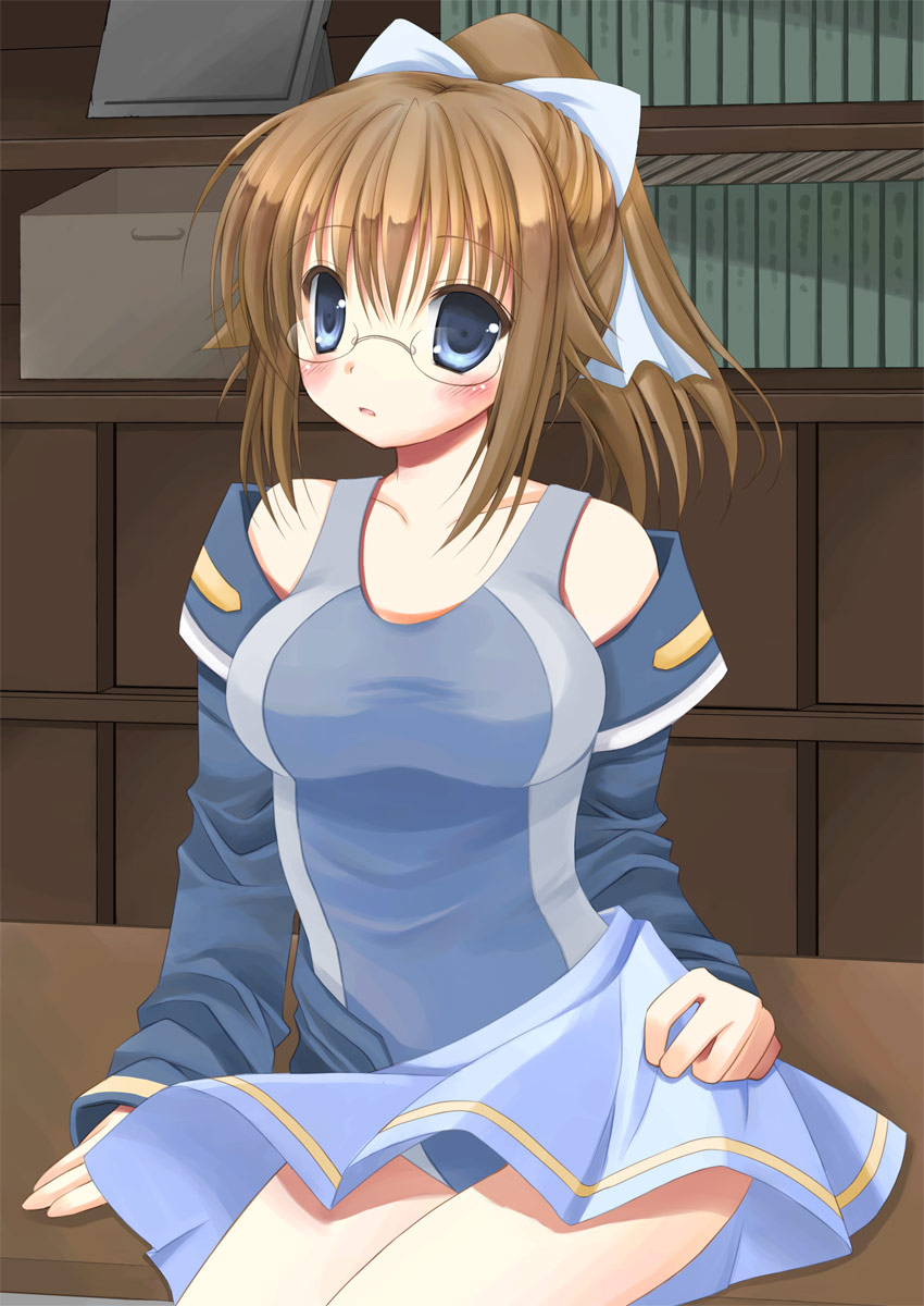 ameya_kirika, bad_id, blue_eyes, blush, brown_hair, competition_swimsuit, glasses, highres, kikaijima_mogana, kurokami_medaka, long_hair, medaka_box, one-piece_swimsuit, ponytail, school_uniform, solo, swimsuit, swimsuit_under_blothes, swimsuit_under_clothes