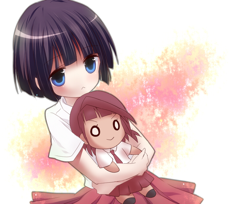 akado_harue, blouse, blue_eyes, blush, character_doll, doll, doll_hug, nobu0