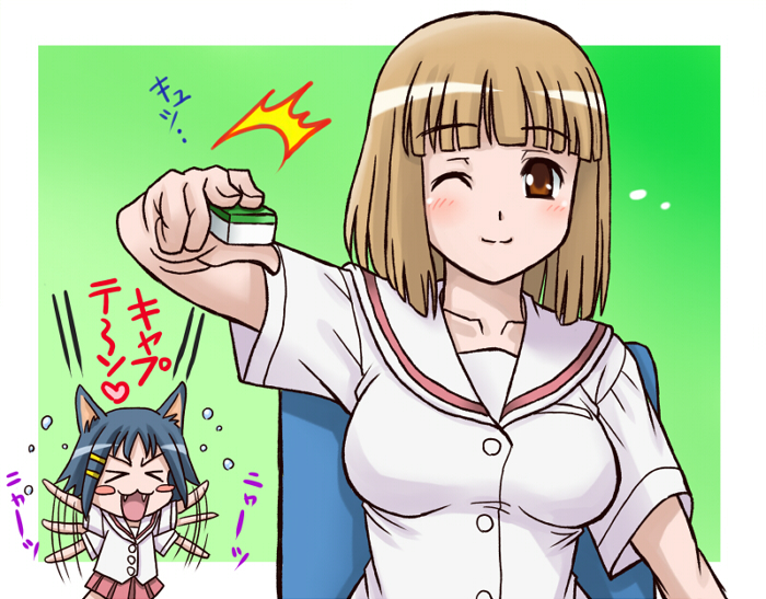 >_<, animal_ears, blush_stickers, brown_eye, brown_eyes, brown_hair, cat_ears, fujii_satoshi