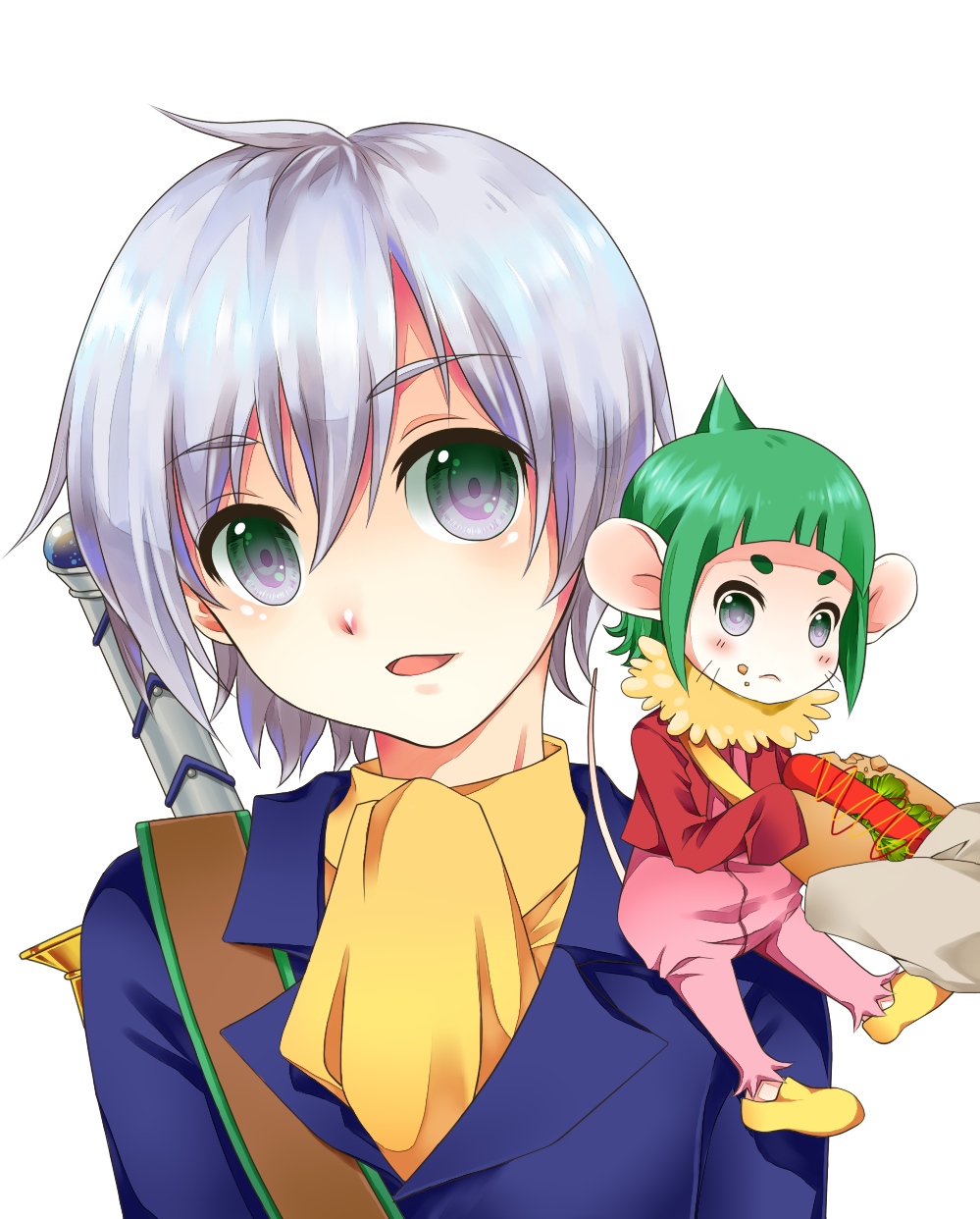 coat, coda, creature, green_eyes, green_hair, highres, hot_dog, kajiro_(ceno_line)