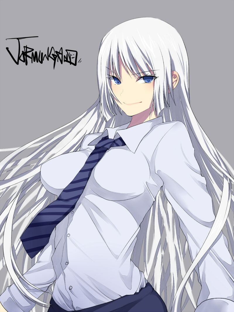 blue_eyes, breasts, grey_background, impossible_clothes, impossible_shirt, jormungand, koko_hekmatyar, large_breasts