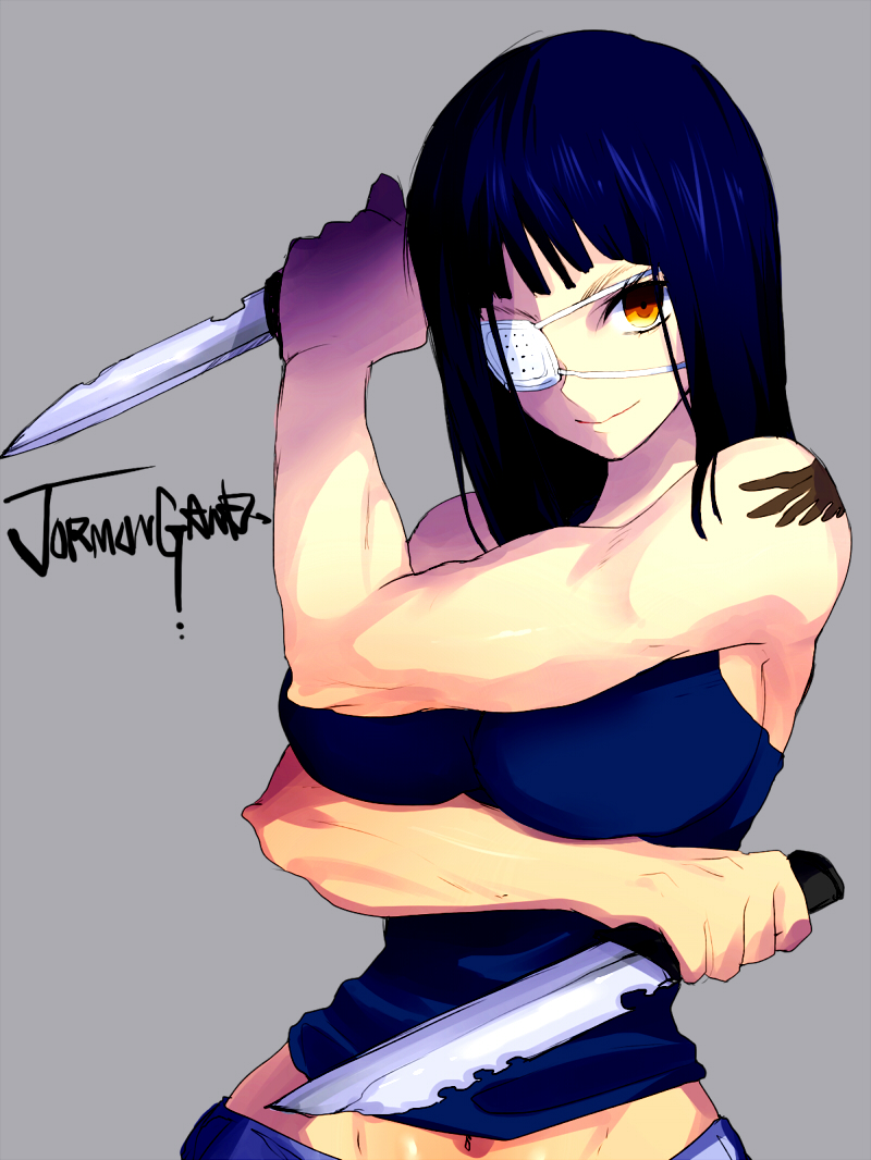 blue_hair, breasts, combat_knife, dual_wielding, grey_background, jormungand, knife, large_breasts, long_hair, mataro, midriff, navel, reverse_grip, simple_background, smile, sofia_valmer, solo, tattoo, title_drop, toned, velmet, yellow_eyes