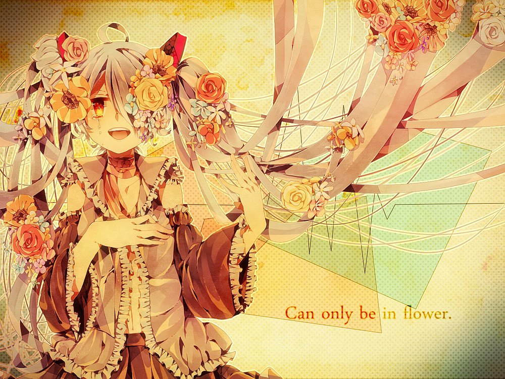 ahoge, bare_shoulders, detached_sleeves, flower, frills, hair_flower, hair_ornament, hair_over_one_eye