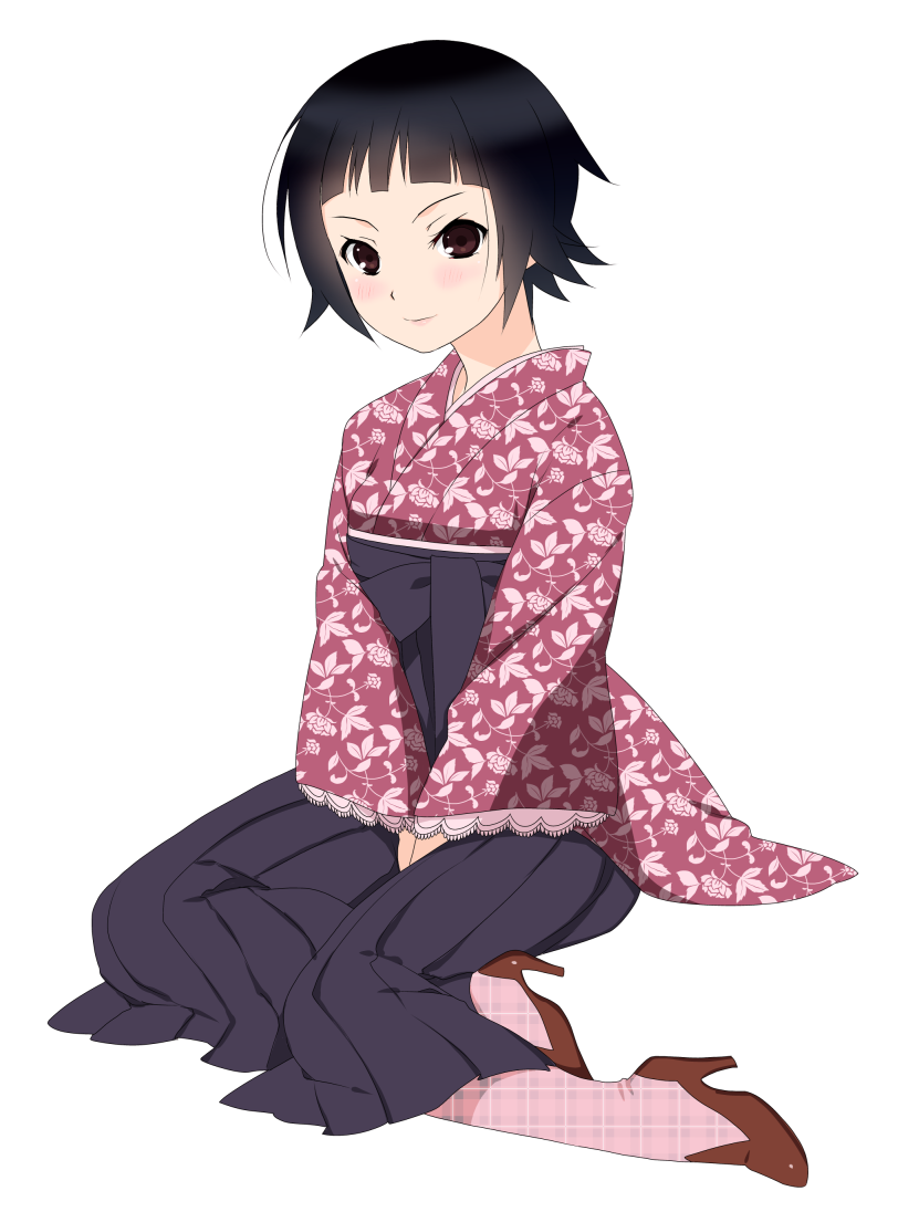 bangs, black_hair, blunt_bangs, brown_eyes, ekra, hakama, high_heels, japanese_clothes