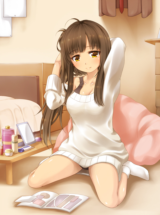 bad_id, bed, big_wednesday, blush, book, brown_hair, looking_at_viewer, messy_hair