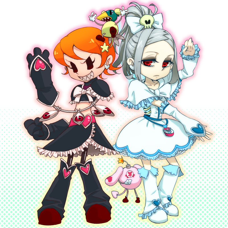 2girls, avery_(skullgirls), black_eyes, bloody_marie_(skullgirls), bone, cosplay, crossover, cure_black
