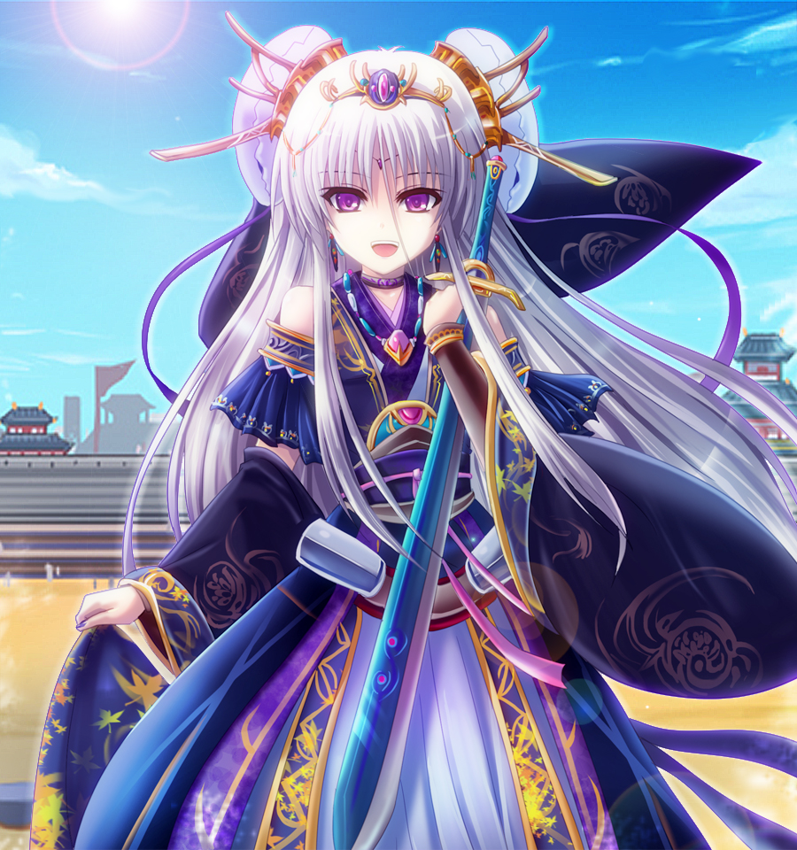 detached_sleeves, hair_ornament, haura_akitoshi, long_hair, open_mouth, purple_eyes, sangokushi_taisen, solo