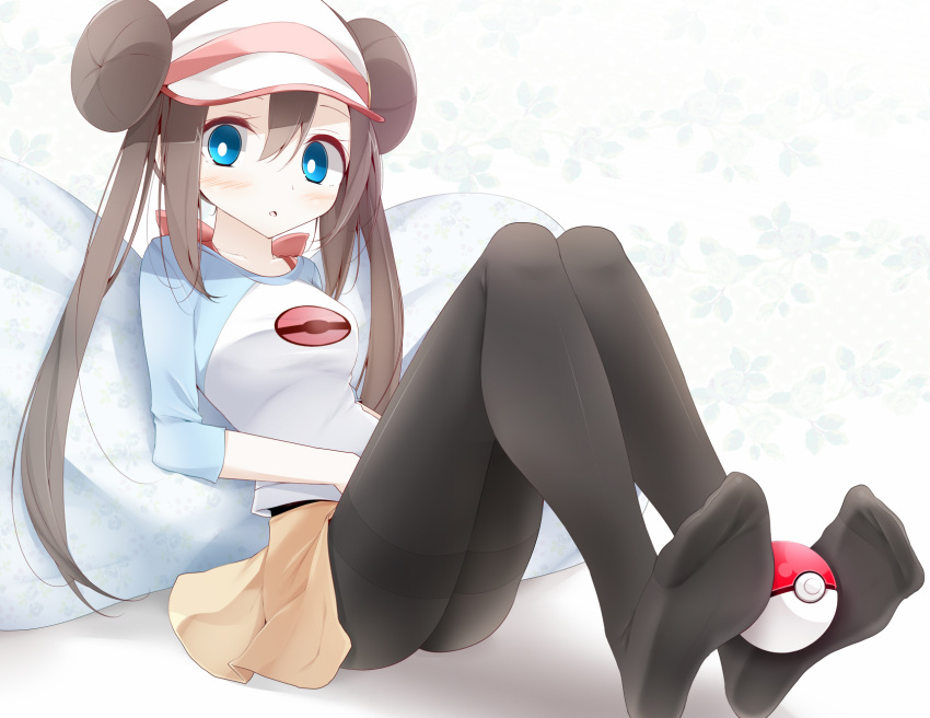 black_legwear, blue_eyes, brown_hair, double_bun, feet, female_protagonist_(pokemon_bw2), hat, highres, mei_(pokemon), pantyhose, poke_ball, pokemon, pokemon_(game), pokemon_bw2, raglan_sleeves, sitting, skirt, solo, usotsukiya, visor, visor_cap