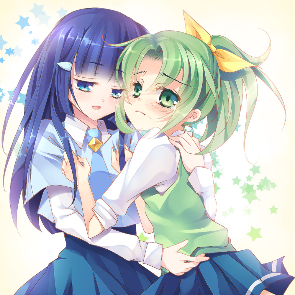 aoki_reika, blue_eyes, blue_hair, green_eyes, green_hair, hug, kagetsu_kei, long_hair, midorikawa_nao, multiple_girls, necktie, ponytail, precure, school_uniform, short_hair, skirt, sleeves_rolled_up, smile, smile_precure!, sweater_vest, yuri