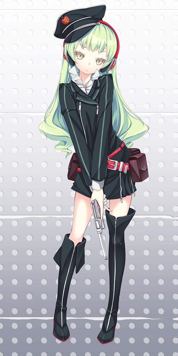 belt, black_legwear, boots, green_hair, gun, handgun, hat, headphones