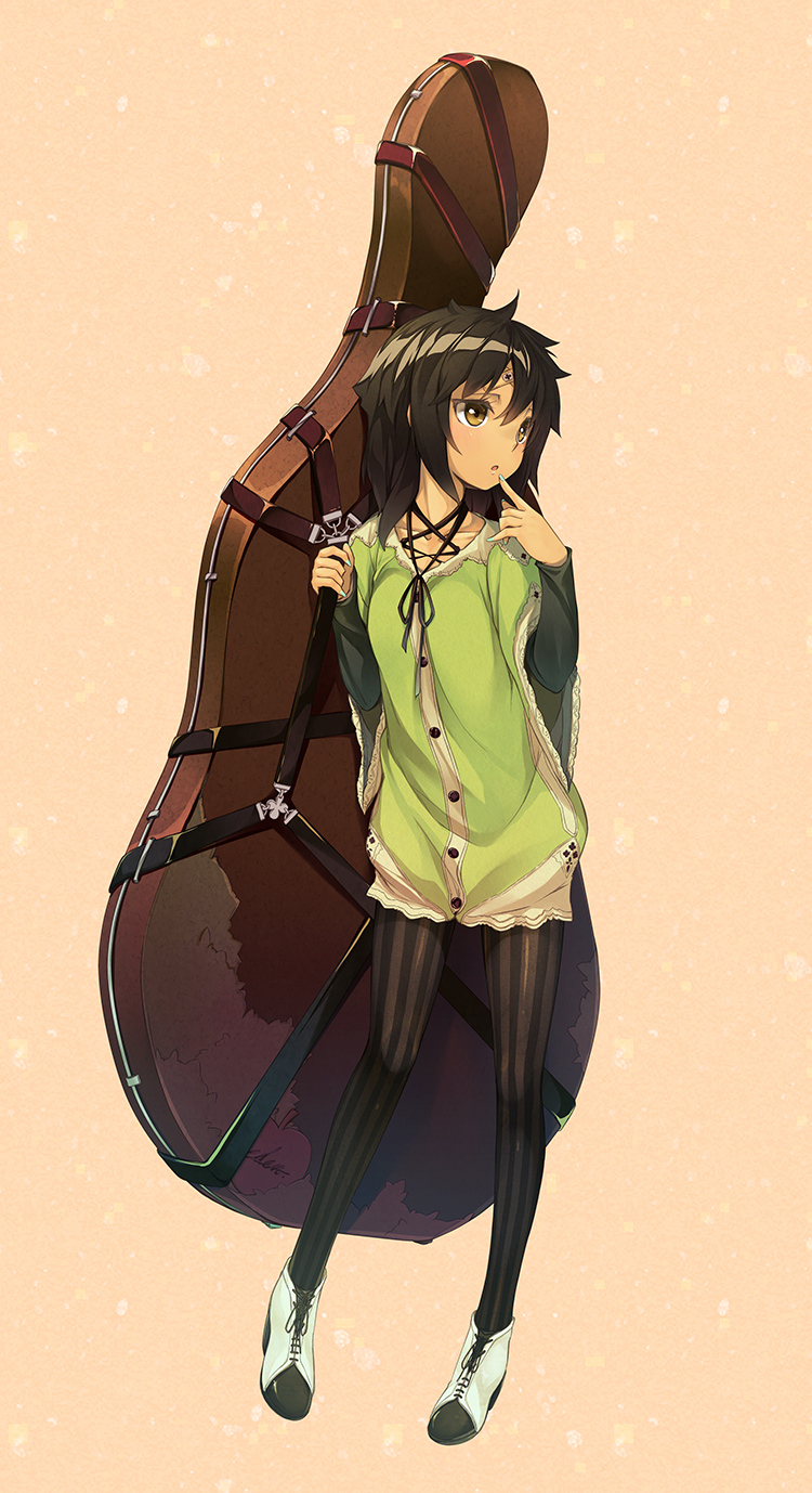 :o, bandaid, brown_eyes, brown_hair, dark_skin, double_bass, finger_to_mouth, guitar_case