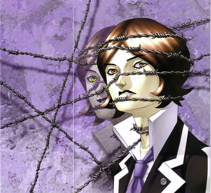 1boy, absurdres, barbed_wire, brown_eyes, brown_hair, dark_persona, highres, kazuma_kaneko