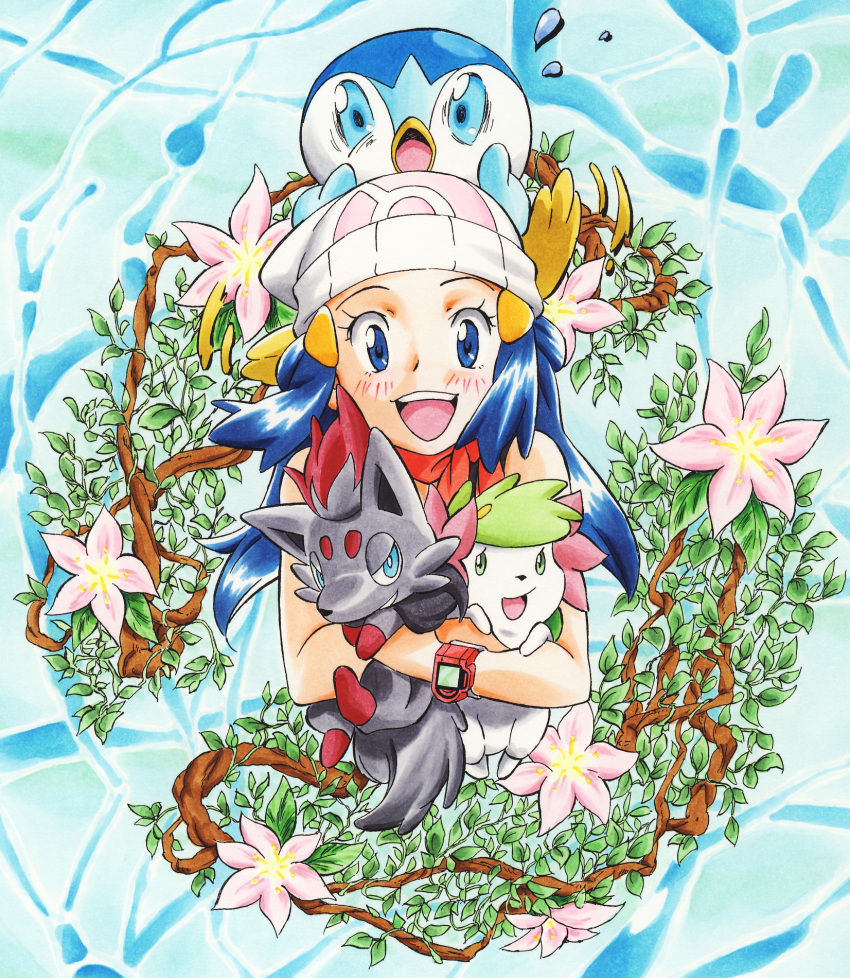 1girl, blue_hair, gensei-225, highres, hikari_(pokemon), long_hair, open_mouth, piplup